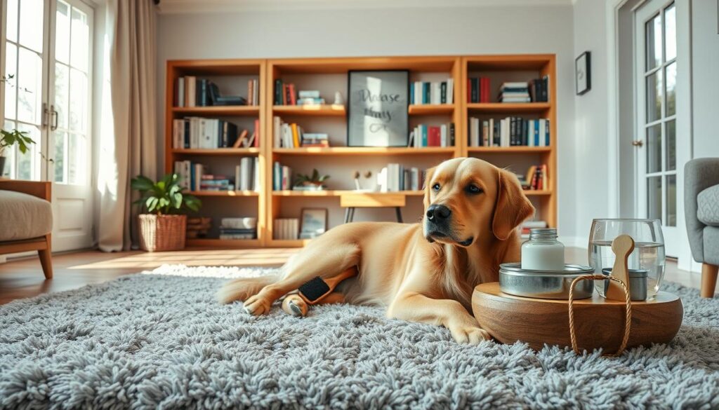 A beautifully lit, 4K photograph of a cozy living room interior with natural lighting streaming through large windows. In the foreground, a well-groomed golden retriever reclines comfortably on a plush, soft grey rug, showcasing its healthy, shiny coat. In the middle ground, a wooden side table displays an array of dog care essentials - a brush, a jar of natural moisturizer, and a bowl of fresh, clean water. The background features built-in bookshelves filled with volumes on responsible pet ownership and tips for maintaining a dog's well-being. The overall scene conveys a sense of tranquility and practical advice for dog owners.