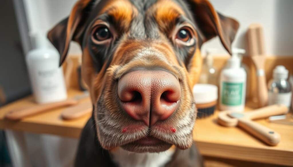 A close-up portrait of a dog's face, with its muzzle, eyes, and ears in focus. The skin appears slightly irritated, with a few small red spots or rashes visible. In the background, there are various dog grooming tools and products, such as brushes, combs, shampoos, and lotions, arranged neatly on a wooden surface. The lighting is soft and natural, creating a warm and soothing atmosphere. The overall mood is one of care and attention, with a focus on providing the best possible skin care for the dog. A close-up portrait of a dog's face, with its muzzle, eyes, and ears in focus. The skin appears slightly irritated, with a few small red spots or rashes visible. In the background, there are various dog grooming tools and products, such as brushes, combs, shampoos, and lotions, arranged neatly on a wooden surface. The lighting is soft and natural, creating a warm and soothing atmosphere. The overall mood is one of care and attention, with a focus on providing the best possible skin care for the dog.