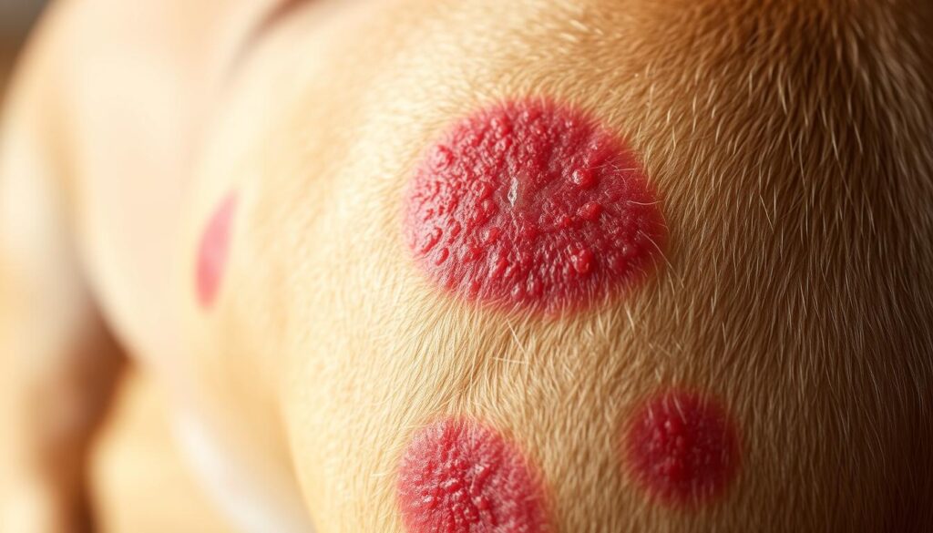 A close-up view of a dog's skin with visible red, inflamed hot spots. The foreground highlights the affected areas with a level of detail that showcases the texture and severity of the condition. The middle ground provides a wider perspective of the dog's body, suggesting the scale and location of the hot spots. The background is softly blurred, maintaining the focus on the key subject matter. Soft, directional lighting from the side emphasizes the contours and shadows, creating a sense of depth and realism. The overall mood is one of concern and the need for effective treatment, aligning with the article's focus on natural remedies for this common canine skin issue.