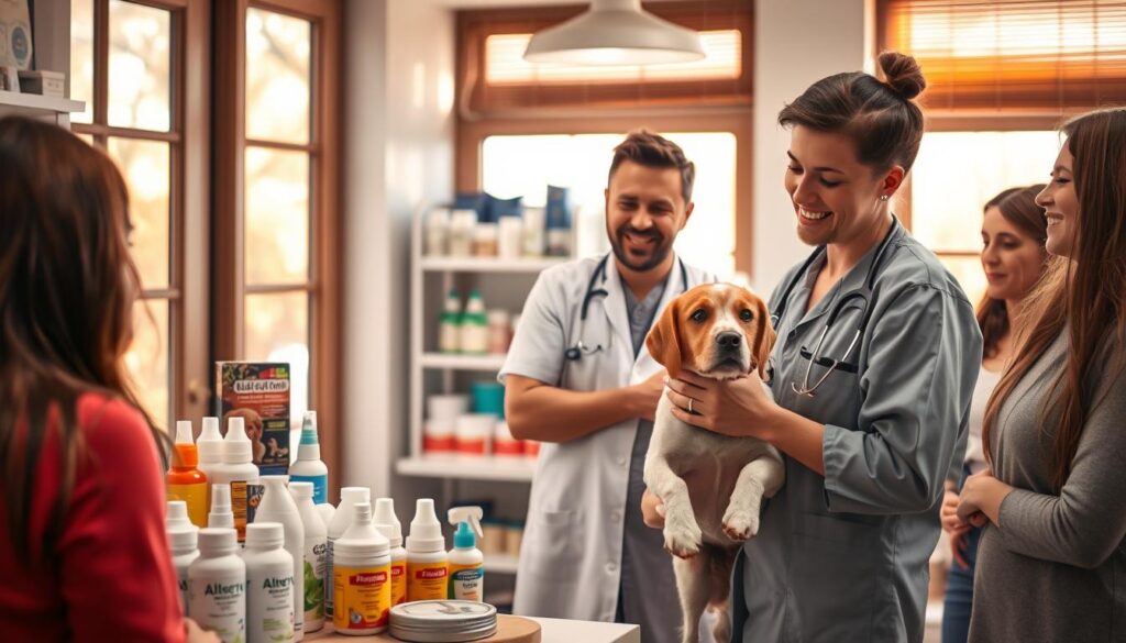 A cozy veterinary clinic, bathed in warm, natural lighting through large windows. In the foreground, a friendly veterinarian examines a dog's skin, discussing various treatment options like anti-inflammatory medications, soothing creams, and specialized shampoos. The middle ground showcases an array of pet care products - allergy relief tablets, topical sprays, and hypoallergenic food. In the background, pet owners observe attentively, their faces expressing concern and relief as the vet outlines the path to manage their beloved dog's skin allergies. The overall atmosphere is reassuring and informative, conveying the expertise and care dedicated to improving the pet's well-being.