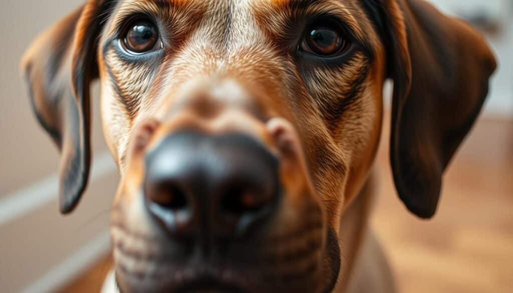 A detailed close-up of a dog's head and face, with a focused examination of the skin around the eyes, ears, and muzzle. The dog's expression is slightly anxious, conveying the subject of skin allergies. Soft, natural lighting illuminates the texture of the dog's fur and skin, revealing any signs of irritation or inflammation. The image is captured at eye level, creating an intimate and empathetic perspective. The background is blurred, keeping the attention on the dog's facial features and potential allergy symptoms. A detailed close-up of a dog's head and face, with a focused examination of the skin around the eyes, ears, and muzzle. The dog's expression is slightly anxious, conveying the subject of skin allergies. Soft, natural lighting illuminates the texture of the dog's fur and skin, revealing any signs of irritation or inflammation. The image is captured at eye level, creating an intimate and empathetic perspective. The background is blurred, keeping the attention on the dog's facial features and potential allergy symptoms.