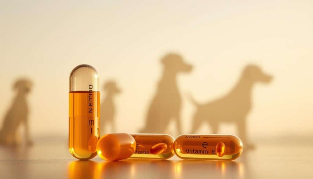 A detailed illustration of vitamin E capsules against a blurred backdrop of canine silhouettes, showcasing the compound's role in immune system support. The capsules are prominently displayed in the foreground, their translucent shells reflecting the warm, natural lighting that bathes the scene. The middle ground features the faint outlines of dog figures, representing the targeted beneficiaries of vitamin E's health benefits. The background is softly defocused, creating a sense of depth and emphasis on the central subject. The overall mood is one of clarity, balance, and the connection between canine wellness and the power of this essential nutrient. A detailed illustration of vitamin E capsules against a blurred backdrop of canine silhouettes, showcasing the compound's role in immune system support. The capsules are prominently displayed in the foreground, their translucent shells reflecting the warm, natural lighting that bathes the scene. The middle ground features the faint outlines of dog figures, representing the targeted beneficiaries of vitamin E's health benefits. The background is softly defocused, creating a sense of depth and emphasis on the central subject. The overall mood is one of clarity, balance, and the connection between canine wellness and the power of this essential nutrient.