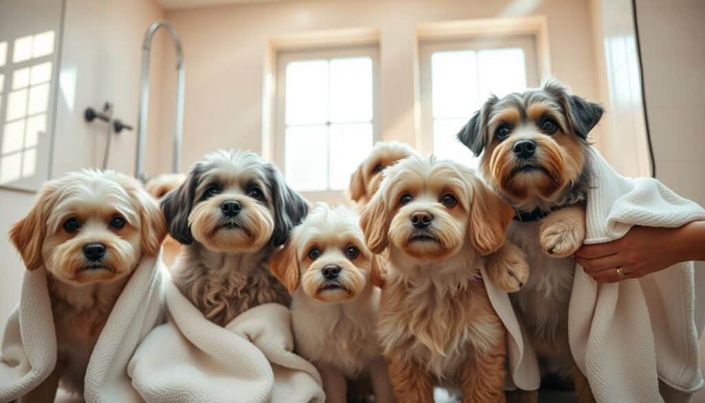 A group of fluffy dogs freshly groomed and being gently dried with soft, absorbent towels in a warm, well-lit bathroom. The dogs' coats glisten, their expressions calm and content as experienced groomers tenderly pat and rub the towels over their bodies. Beams of soft, diffused lighting from large windows cast a soothing glow, highlighting the dogs' diverse colors and textures. The scene exudes a sense of care, comfort, and the culmination of a thorough, attentive grooming session. A group of fluffy dogs freshly groomed and being gently dried with soft, absorbent towels in a warm, well-lit bathroom. The dogs' coats glisten, their expressions calm and content as experienced groomers tenderly pat and rub the towels over their bodies. Beams of soft, diffused lighting from large windows cast a soothing glow, highlighting the dogs' diverse colors and textures. The scene exudes a sense of care, comfort, and the culmination of a thorough, attentive grooming session.