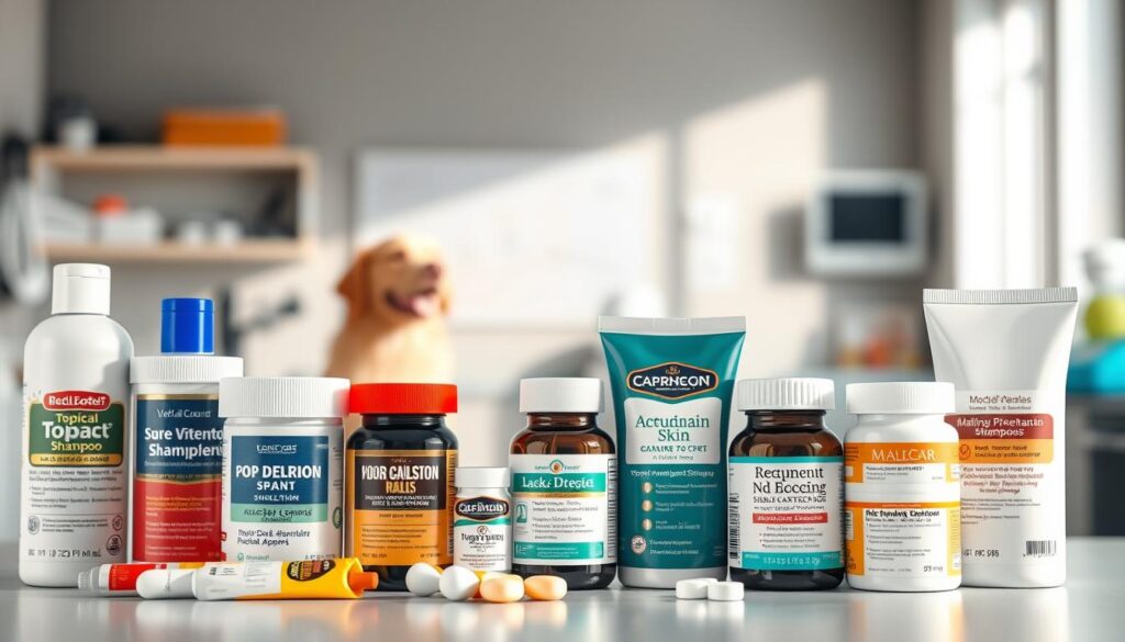 A high-resolution, photorealistic image of several common dog skin treatment options, displayed in a clean, minimalist layout. In the foreground, a selection of various topical ointments, creams, and medicated shampoos for treating canine skin conditions. In the middle ground, different types of veterinary-prescribed oral medications for skin allergies and infections. In the background, a blurred but recognizable veterinary office setting with medical equipment and supplies. Soft, natural lighting illuminates the products, creating a professional, informative atmosphere. The image conveys a sense of authority and expertise on dog skin treatments. A high-resolution, photorealistic image of several common dog skin treatment options, displayed in a clean, minimalist layout. In the foreground, a selection of various topical ointments, creams, and medicated shampoos for treating canine skin conditions. In the middle ground, different types of veterinary-prescribed oral medications for skin allergies and infections. In the background, a blurred but recognizable veterinary office setting with medical equipment and supplies. Soft, natural lighting illuminates the products, creating a professional, informative atmosphere. The image conveys a sense of authority and expertise on dog skin treatments.