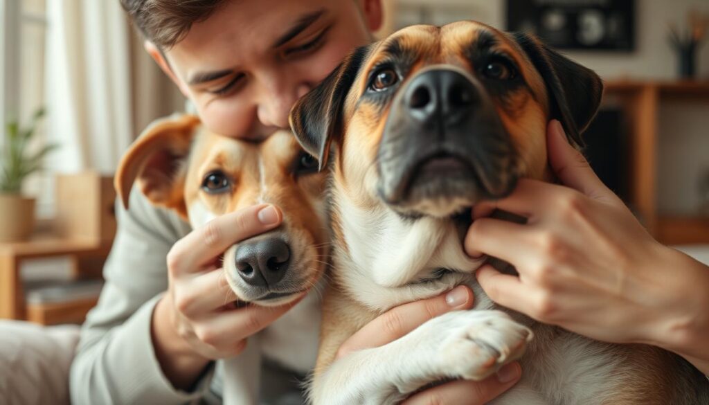 A loving dog owner closely examining their canine companion, gently inspecting the dog's coat and skin for any signs of irritation or discomfort. The scene is captured in warm natural lighting, with a soft, diffused focus that emphasizes the intimate connection between the human and their furry friend. The dog's expression is calm and trusting, as the owner carefully runs their fingers through the dog's fur, observing its texture and flexibility. In the background, a cozy domestic setting, such as a living room or home office, creates a sense of comfort and security. The image conveys a sense of care, attentiveness, and the importance of closely monitoring a dog's health and well-being.