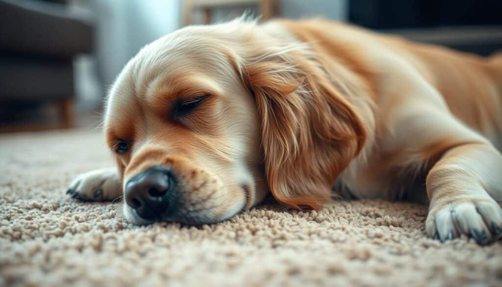A middle-aged golden retriever resting on a soft, warm-toned area rug, head tilted slightly as if scratching an itch. The dog's skin appears irritated, with visible red patches and a few sparse tufts of fur. The lighting is soft and diffuse, creating a sense of calmness and intimacy. The background is blurred, but hints at a cozy, domestic setting, perhaps a living room or den. The overall mood conveys the dog's discomfort and the concern of a loving owner observing the onset of late-life allergies.