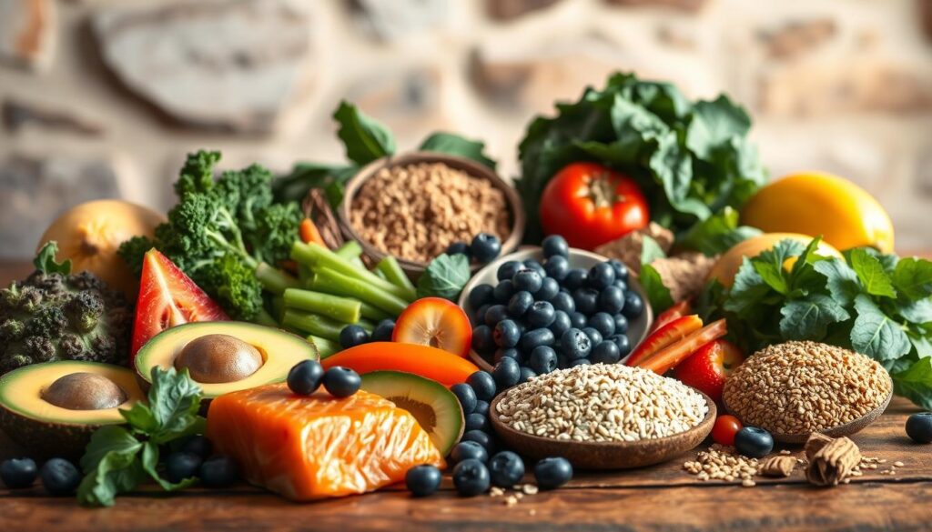 A nourishing spread of vibrant fruits, vegetables, and whole grains, artfully arranged on a rustic wooden table, under soft, warm lighting. In the foreground, a selection of skin-nourishing superfoods, such as salmon, avocado, and blueberries, shine with a healthy glow. In the middle ground, a variety of leafy greens, including kale and spinach, exude a lush, verdant energy. The background features a harmonious blend of earthy tones, with hints of natural textures like stone or wood, conveying a sense of balance and wellness. The overall scene radiates an atmosphere of nutritious abundance, inviting the viewer to embrace a skin-healthy dietary lifestyle. A nourishing spread of vibrant fruits, vegetables, and whole grains, artfully arranged on a rustic wooden table, under soft, warm lighting. In the foreground, a selection of skin-nourishing superfoods, such as salmon, avocado, and blueberries, shine with a healthy glow. In the middle ground, a variety of leafy greens, including kale and spinach, exude a lush, verdant energy. The background features a harmonious blend of earthy tones, with hints of natural textures like stone or wood, conveying a sense of balance and wellness. The overall scene radiates an atmosphere of nutritious abundance, inviting the viewer to embrace a skin-healthy dietary lifestyle.