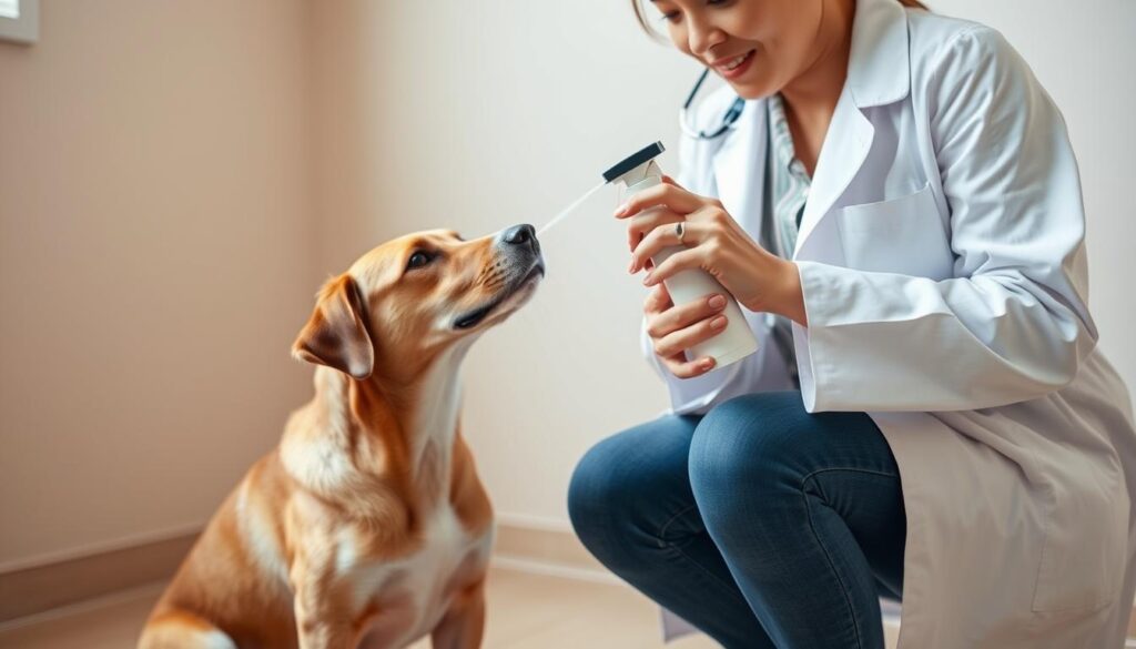A person in a white lab coat carefully spraying a hypoallergenic deodorizing mist onto a dog's sensitive skin, with a soft and gentle expression. The dog is sitting calmly, with a relaxed posture, in a warm, well-lit room with neutral-colored walls. The scene conveys a sense of care, safety, and attention to the dog's needs. The lighting is soft and diffused, creating a calming atmosphere. The camera angle is slightly elevated, providing a clear view of the application process. A person in a white lab coat carefully spraying a hypoallergenic deodorizing mist onto a dog's sensitive skin, with a soft and gentle expression. The dog is sitting calmly, with a relaxed posture, in a warm, well-lit room with neutral-colored walls. The scene conveys a sense of care, safety, and attention to the dog's needs. The lighting is soft and diffused, creating a calming atmosphere. The camera angle is slightly elevated, providing a clear view of the application process.