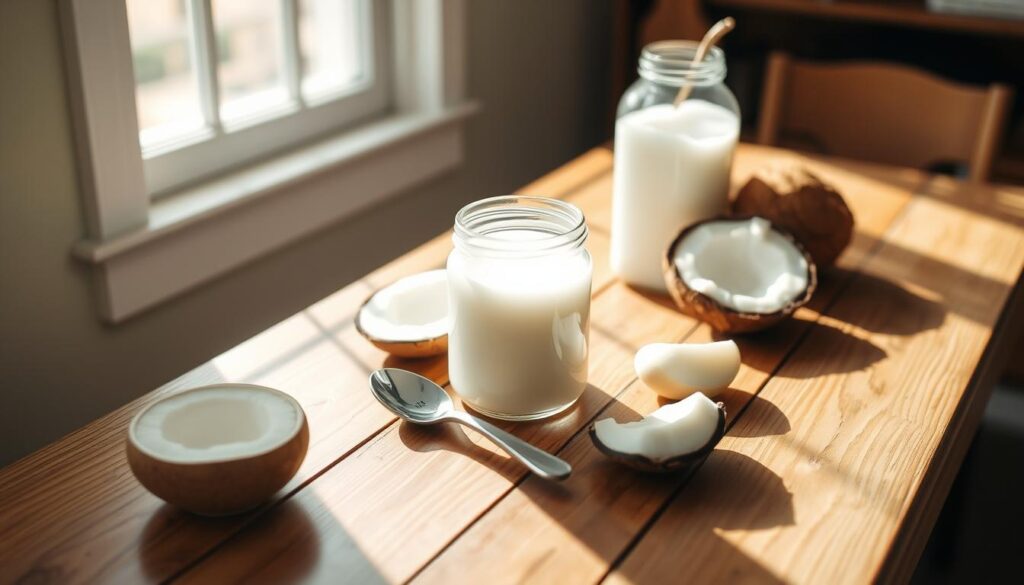 A photo of a wooden table with various coconut oil products arranged neatly on it, including a glass jar of coconut oil, a small spoon, and a few coconut slices. The table is well-lit by natural light streaming in from a window, creating a warm, inviting atmosphere. The image has a clean, minimalist aesthetic, with the coconut oil products taking center stage. The focus is on the simplicity and versatility of using coconut oil, conveying the general guidelines for its use in a visually appealing way. A photo of a wooden table with various coconut oil products arranged neatly on it, including a glass jar of coconut oil, a small spoon, and a few coconut slices. The table is well-lit by natural light streaming in from a window, creating a warm, inviting atmosphere. The image has a clean, minimalist aesthetic, with the coconut oil products taking center stage. The focus is on the simplicity and versatility of using coconut oil, conveying the general guidelines for its use in a visually appealing way.