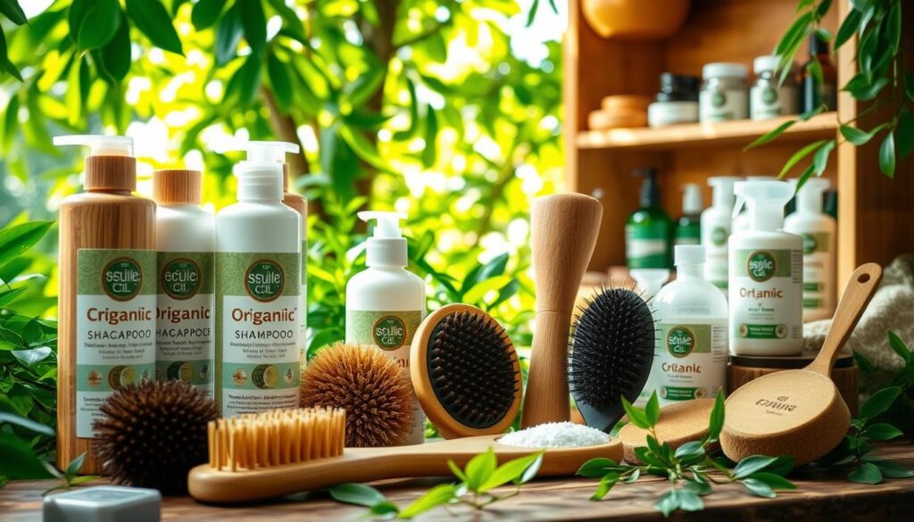 A serene natural setting showcases an array of organic dog grooming products. In the foreground, a display of eco-friendly shampoos, conditioners, and brushes made from sustainable materials like bamboo and plant-based fibers. The middle ground features lush greenery, with sunlight filtering through the leaves, casting a warm, soothing glow. In the background, a wooden shelf holds an assortment of natural powders, oils, and balms for a complete grooming routine. The overall atmosphere evokes a sense of tranquility and a return to nature, reflecting the ethos of "Choosing Natural Alternatives for Dog Grooming". A serene natural setting showcases an array of organic dog grooming products. In the foreground, a display of eco-friendly shampoos, conditioners, and brushes made from sustainable materials like bamboo and plant-based fibers. The middle ground features lush greenery, with sunlight filtering through the leaves, casting a warm, soothing glow. In the background, a wooden shelf holds an assortment of natural powders, oils, and balms for a complete grooming routine. The overall atmosphere evokes a sense of tranquility and a return to nature, reflecting the ethos of "Choosing Natural Alternatives for Dog Grooming".
