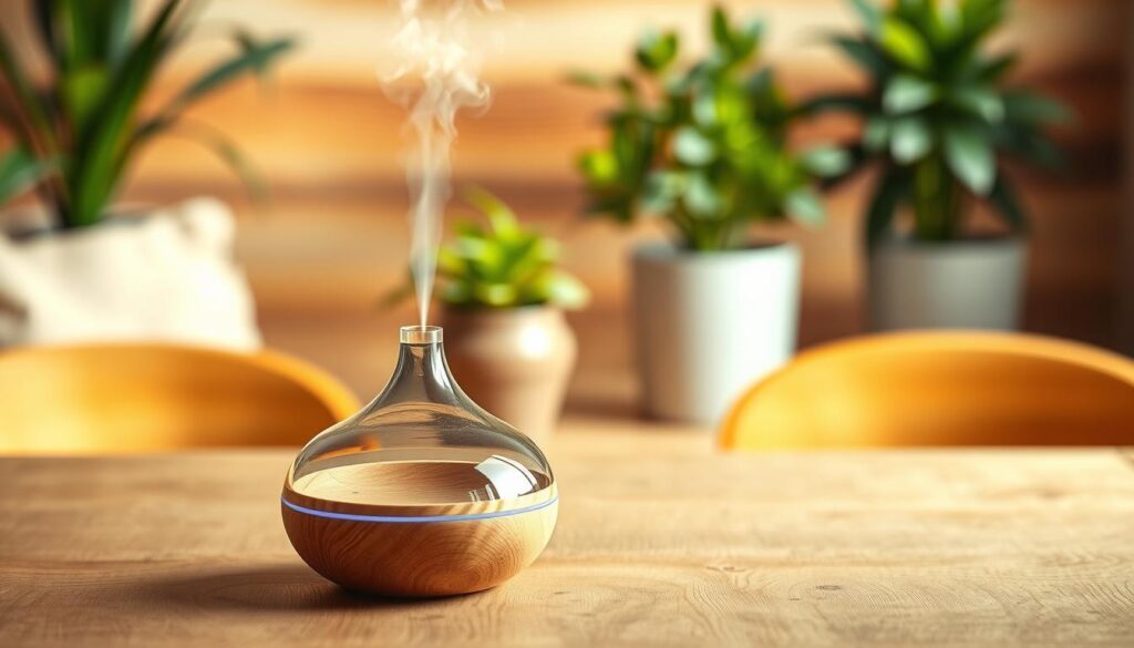A serene, softly lit scene showcases the safe diffusion of essential oils. In the foreground, a glass diffuser emits a gentle mist, its organic form complementing the natural materials surrounding it. A wooden table provides a grounded, earthy backdrop, while potted plants in the middle ground add lush greenery. The overall atmosphere is calm and tranquil, with warm, indirect lighting casting a soothing glow. Smooth, blurred edges create a sense of focus on the central diffuser, highlighting its role in the safe and effective use of essential oils. This image captures the essence of responsible aromatherapy, conveying a sense of balance, purity, and mindfulness.