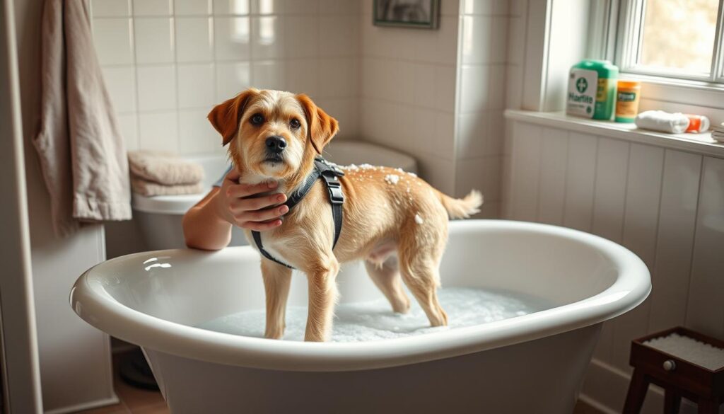 A serene, well-lit bathroom setting with a clawfoot bathtub filled with soapy water. A medium-sized dog, adorned with a safety harness, stands calmly in the tub, being gently bathed by a caring human figure. Soft, diffused natural lighting filters through the window, creating a warm, comforting atmosphere. The bathroom counter displays grooming supplies, towels, and a first aid kit, indicating a thoughtful and responsible approach to pet care. The overall scene conveys a sense of safety, comfort, and attentive supervision during the dog's bathing experience.