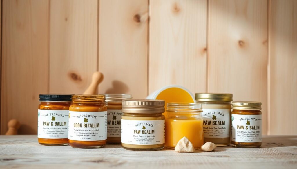 A still life arrangement showcasing an array of natural dog paw balms. In the foreground, several glass jars containing various paw balms are displayed, their labels showcasing organic ingredients like shea butter, beeswax, and essential oils. The middle ground features a wooden surface with a neutral, earthy tone, acting as a backdrop. Soft, diffused lighting from above casts a warm, natural glow over the scene, highlighting the textures and colors of the products. The overall mood is one of simplicity, purity, and care, conveying the notion of natural, gentle remedies for canine paw care.