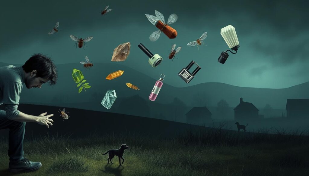 A surreal and stylized illustration of common flea control myths. In the foreground, a person scratching at imaginary fleas, while in the middle ground, various mythical flea repellents like herbs, crystals, and electronic devices float in a hazy, dreamlike space. In the background, a dim, shadowy landscape with silhouetted pets and homes, suggesting the pervasive nature of these misconceptions. The lighting is muted and atmospheric, with a sense of unease and uncertainty. The composition is asymmetrical and slightly disorienting, emphasizing the fantastical nature of the myths. The overall mood is one of skepticism and the need to dispel common flea control fallacies.