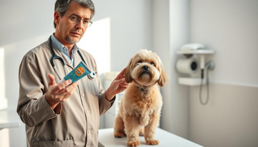 A veterinarian standing in a modern examination room, providing advice about dry skin in dogs. Soft natural lighting illuminates the scene, creating a warm, reassuring atmosphere. In the foreground, the veterinarian gestures emphatically while holding a tube of moisturizing cream, their expression thoughtful and attentive. In the middle ground, a small, fluffy dog sits patiently, its coat appearing dull and flaky. The background features clean, white walls and medical equipment, subtly suggesting the professional setting. The overall composition conveys the veterinarian's expertise and the dog's need for skincare guidance.