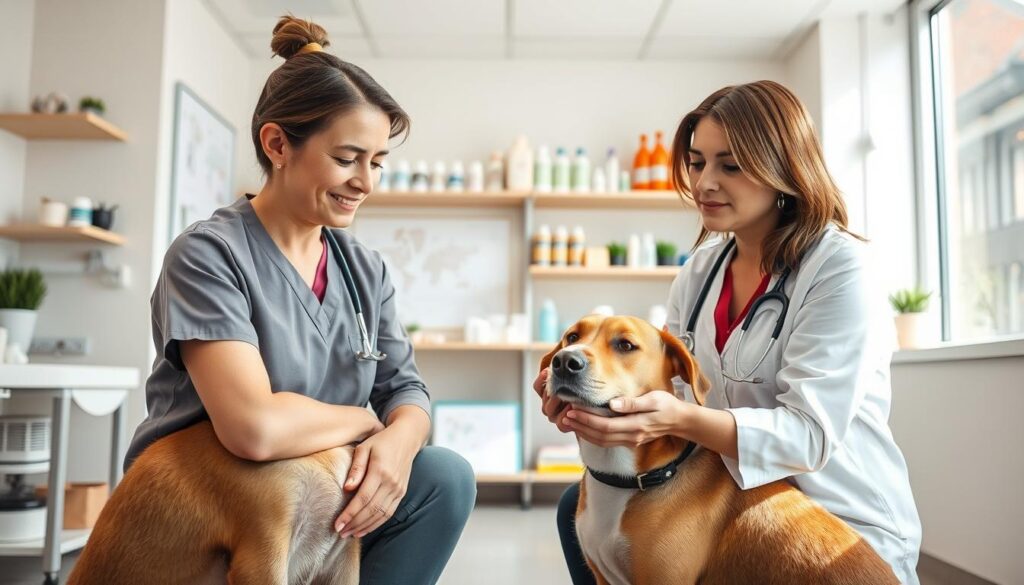 A veterinary clinic interior with bright, natural lighting. In the foreground, a veterinarian examines a dog with a calm, compassionate expression, discussing potential allergies. The dog owner sits attentively, listening intently. The middle ground features medical equipment, diagrams, and shelves stocked with pet care products. The background showcases a soothing, earthy color palette, creating a serene atmosphere conducive to addressing the dog's health concerns. The scene conveys professionalism, expertise, and a genuine concern for the animal's wellbeing.
