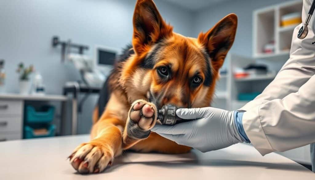 A veterinary examination table in a bright, clean clinic setting. On the table, a German Shepherd dog's paw is being closely inspected by a veterinarian's gloved hands, searching for signs of skin irritation or redness. The dog looks slightly apprehensive but remains still. In the background, medical equipment and shelves of veterinary supplies are visible, lending an air of professionalism. Soft, indirect lighting illuminates the scene, creating a calming atmosphere. The focus is on the diagnostic process, conveying the expertise and care required to properly identify and address canine skin allergies. A veterinary examination table in a bright, clean clinic setting. On the table, a German Shepherd dog's paw is being closely inspected by a veterinarian's gloved hands, searching for signs of skin irritation or redness. The dog looks slightly apprehensive but remains still. In the background, medical equipment and shelves of veterinary supplies are visible, lending an air of professionalism. Soft, indirect lighting illuminates the scene, creating a calming atmosphere. The focus is on the diagnostic process, conveying the expertise and care required to properly identify and address canine skin allergies.