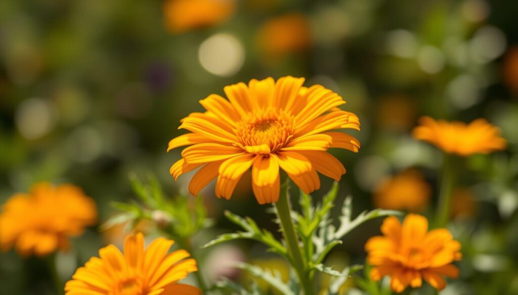 A vibrant, close-up photograph of a blooming calendula flower in full sunlight, showcasing its delicate, golden-orange petals and lush, green foliage. The flower is positioned in the center of the frame, with a soft, blurred background that emphasizes its natural beauty. The lighting is warm and natural, casting a gentle glow on the petals and highlighting the flower's intricate textures. The overall composition is balanced and visually appealing, inviting the viewer to appreciate the soothing and healing properties of this versatile herb. A vibrant, close-up photograph of a blooming calendula flower in full sunlight, showcasing its delicate, golden-orange petals and lush, green foliage. The flower is positioned in the center of the frame, with a soft, blurred background that emphasizes its natural beauty. The lighting is warm and natural, casting a gentle glow on the petals and highlighting the flower's intricate textures. The overall composition is balanced and visually appealing, inviting the viewer to appreciate the soothing and healing properties of this versatile herb.