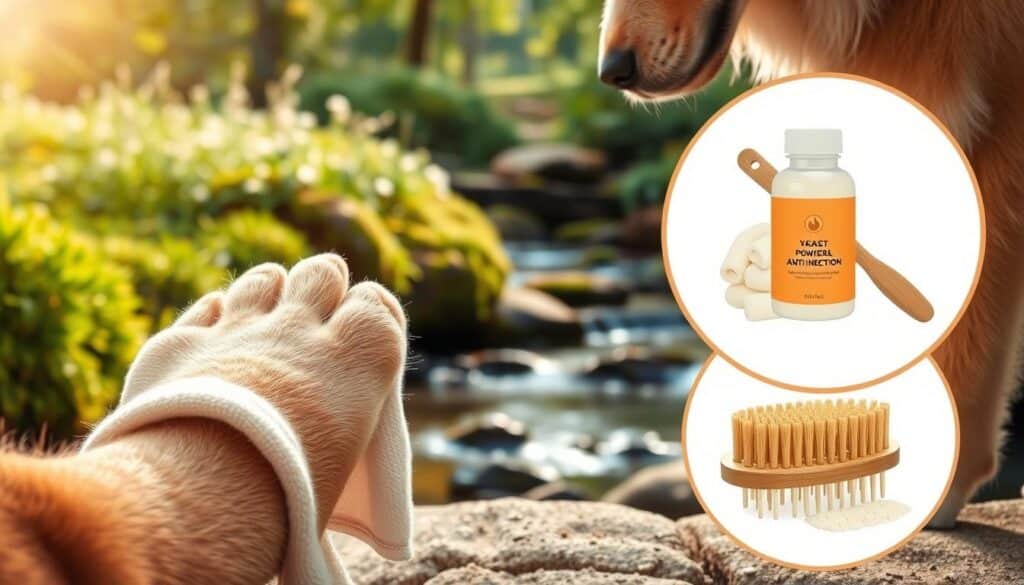 A well-lit, detailed illustration showcasing several preventive measures against yeast infections in dogs. In the foreground, a dog's paw is shown being gently cleaned with a soft, damp cloth. The middle ground depicts a bottle of antifungal powder and a grooming brush, emphasizing the importance of proper hygiene and regular grooming. In the background, a soothing, natural setting with lush greenery and a calming stream sets the scene, evoking a sense of tranquility and holistic wellness. The image is captured from a low angle, giving the viewer a sense of being present alongside the dog, with soft, warm lighting creating a comforting atmosphere.