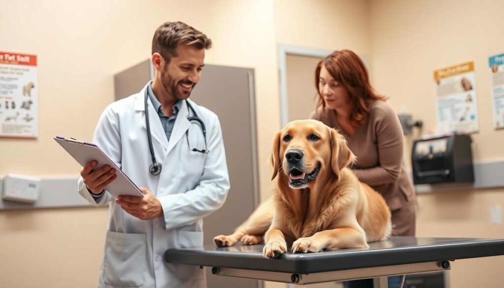 A well-lit, warm-toned veterinary examination room. In the foreground, a friendly, attentive veterinarian in a crisp white lab coat, holding a clipboard and discussing the health of a happy, healthy golden retriever sitting calmly on the examination table. The dog's owner, a concerned but reassured middle-aged person, leans forward, listening intently. The room is filled with the soothing aroma of disinfectant and the gentle hum of medical equipment. Soft, diffused lighting creates a calming atmosphere, while the walls are adorned with educational pet health posters. The scene conveys a sense of trust, care, and the importance of maintaining a dog's skin health through regular veterinary consultations. A well-lit, warm-toned veterinary examination room. In the foreground, a friendly, attentive veterinarian in a crisp white lab coat, holding a clipboard and discussing the health of a happy, healthy golden retriever sitting calmly on the examination table. The dog's owner, a concerned but reassured middle-aged person, leans forward, listening intently. The room is filled with the soothing aroma of disinfectant and the gentle hum of medical equipment. Soft, diffused lighting creates a calming atmosphere, while the walls are adorned with educational pet health posters. The scene conveys a sense of trust, care, and the importance of maintaining a dog's skin health through regular veterinary consultations.