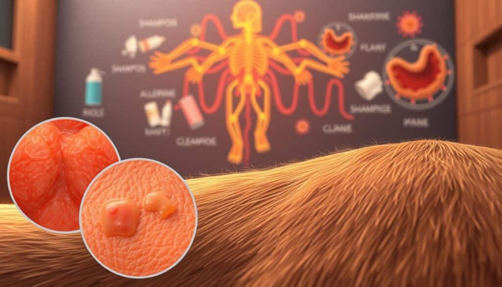 Detailed illustration of common causes of dog skin irritation, showcasing various allergens, irritants, and skin conditions. The foreground features magnified closeups of inflamed skin, rashes, and irritated patches, rendered with high resolution and accurate textures. The middle ground displays common triggers like shampoos, cleaners, and environmental factors. In the background, an abstract visualization of the dog's immune system and inflammatory response. Warm lighting casts a clinical yet approachable atmosphere, captured through a soft focus lens for a soothing, educational aesthetic. Detailed illustration of common causes of dog skin irritation, showcasing various allergens, irritants, and skin conditions. The foreground features magnified closeups of inflamed skin, rashes, and irritated patches, rendered with high resolution and accurate textures. The middle ground displays common triggers like shampoos, cleaners, and environmental factors. In the background, an abstract visualization of the dog's immune system and inflammatory response. Warm lighting casts a clinical yet approachable atmosphere, captured through a soft focus lens for a soothing, educational aesthetic.