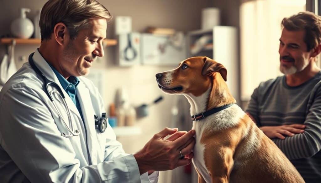 Veterinarian examining a dog with a skin allergy, providing medical advice and treatment options. Warm, natural lighting casts a soft glow over the scene. The vet is in the foreground, leaning in to inspect the dog's skin, with a compassionate yet professional expression. In the background, medical equipment and supplies are neatly organized, conveying a sense of expertise and care. The dog's owner is present, listening intently, creating an atmosphere of trust and collaboration between the vet, the pet, and the owner.