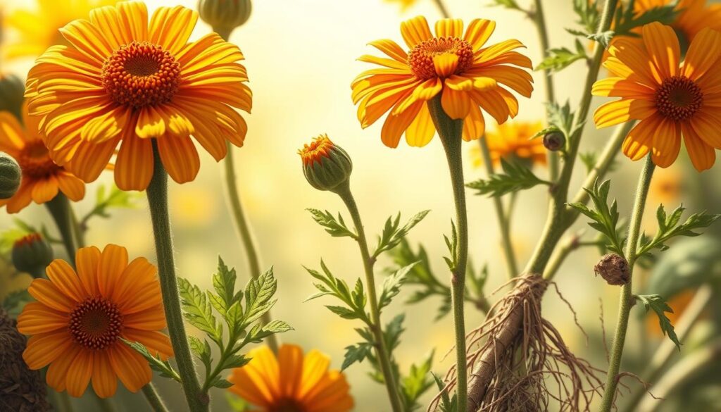 a detailed, realistic digital painting of the internal uses of calendula (Calendula officinalis) for medicinal purposes, featuring close-up views of the plant's flowers, leaves, and roots in a natural, organic setting. The composition should emphasize the various therapeutic components of the calendula plant, such as the petals, stems, and root system, with a focus on their potential internal applications. The lighting should be soft and diffused, creating a warm, soothing atmosphere that complements the healing properties of the plant. The overall color palette should be earthy and vibrant, reflecting the plant's natural hues. The image should convey a sense of scientific study and herbal medicine, without any distracting elements or text. a detailed, realistic digital painting of the internal uses of calendula (Calendula officinalis) for medicinal purposes, featuring close-up views of the plant's flowers, leaves, and roots in a natural, organic setting. The composition should emphasize the various therapeutic components of the calendula plant, such as the petals, stems, and root system, with a focus on their potential internal applications. The lighting should be soft and diffused, creating a warm, soothing atmosphere that complements the healing properties of the plant. The overall color palette should be earthy and vibrant, reflecting the plant's natural hues. The image should convey a sense of scientific study and herbal medicine, without any distracting elements or text.