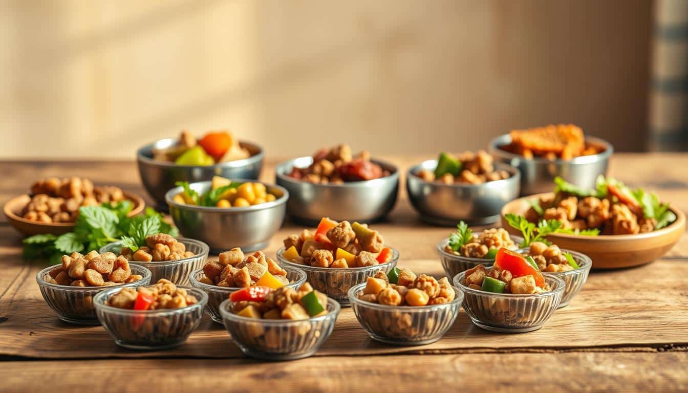 A beautifully lit, artfully arranged scene of various vet-approved small dog meals, presented on a rustic wooden table. In the foreground, an array of small, bite-sized portions of homemade dog food, featuring healthy ingredients like lean proteins, fresh vegetables, and whole grains. In the middle ground, a few small, breed-appropriate food bowls, each containing a different nutritious meal. The background is softly blurred, creating a sense of depth and focus on the carefully curated dishes. The lighting is warm and natural, casting gentle shadows and highlights that enhance the appetizing textures and colors of the food. The overall mood is one of wholesome, nutritious pet care, suitable for inclusion in an article on vet-approved meals for small dog breeds.