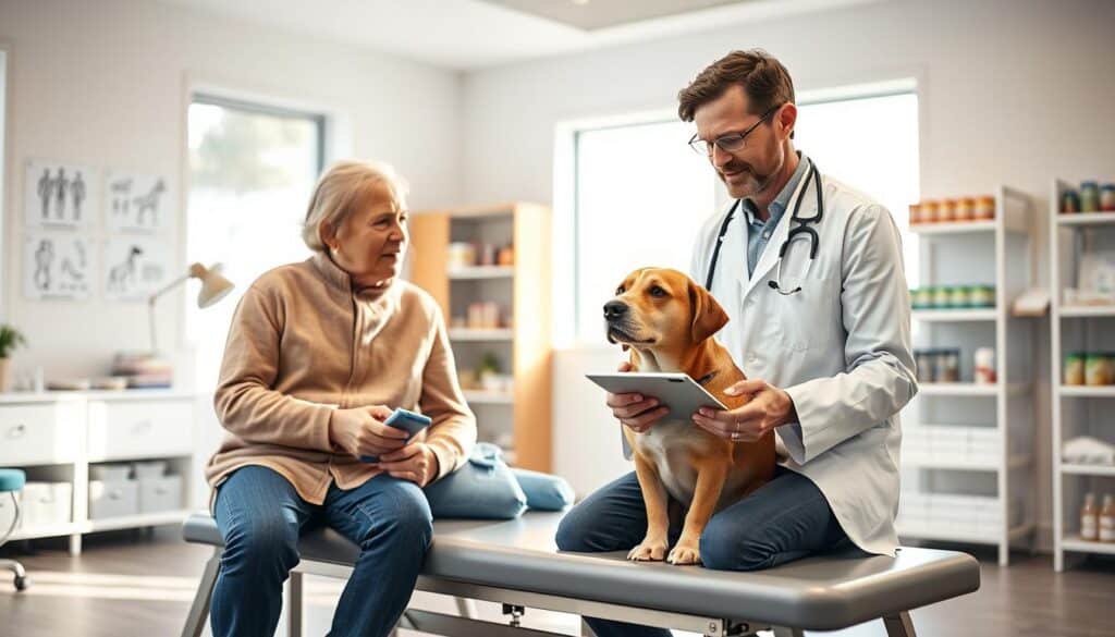 A bright, well-lit veterinary clinic examination room. In the foreground, a concerned dog owner sits next to their furry companion on an exam table, discussing potential supplement options with a caring veterinarian wearing a white coat. The veterinarian holds a tablet, gesturing as they explain the benefits and considerations. Subtle medical diagrams and shelves of pet supplies are visible in the background, creating a professional, trustworthy atmosphere. Soft, natural lighting filters in through large windows, illuminating the scene with a sense of warmth and reassurance.