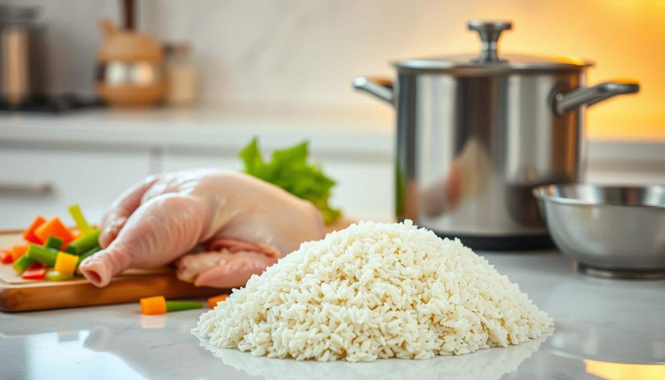 A clean, bright kitchen countertop with a cutting board, a pot of boiling water, and a bowl of uncooked rice. In the foreground, a whole raw chicken sits next to chopped vegetables. Soft, warm lighting illuminates the scene, casting a comforting glow. The composition is balanced, with the rice and chicken taking up the central focus, while the background is subtly blurred, keeping the attention on the cooking preparation. The overall mood is one of calm, informative instruction, guiding the viewer on how to safely prepare a nutritious meal for their canine companion.
