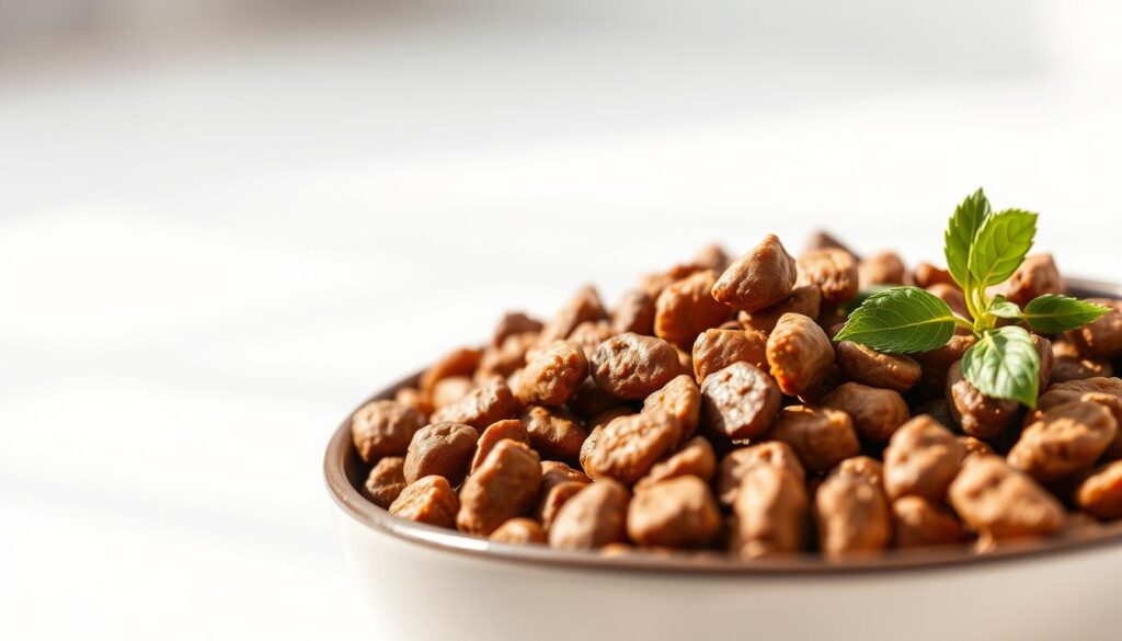 A close-up image of a bowl filled with high-quality, nutrient-dense dog food, set against a clean, bright background. The food is presented in an appetizing manner, showcasing its texture, color, and aroma. The bowl is positioned at an angle, casting soft shadows and creating a sense of depth. Soft, diffused lighting illuminates the scene, emphasizing the nutritional qualities of the dog food. The overall composition and lighting convey a sense of health, nourishment, and transparency, reflecting the importance of understanding feeding guidelines and calorie information when selecting the best dog food.