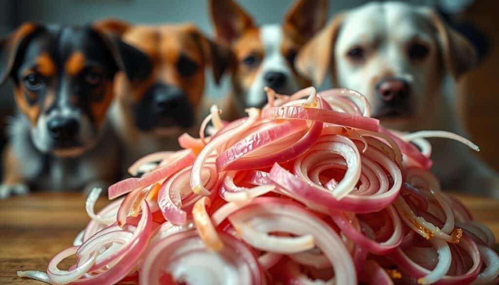 A close-up view of a heap of freshly sliced onions, their vibrant hues contrasting against a blurred background of concerned dogs. The onions appear to be the central focus, casting an ominous shadow over the pets' anxious expressions. The lighting is soft and natural, creating a sense of tension and unease. The composition emphasizes the potentially toxic nature of the onions, with the dogs' watchful gazes conveying the danger they pose. The overall mood is one of caution and concern, highlighting the importance of keeping these common kitchen ingredients away from canine companions.