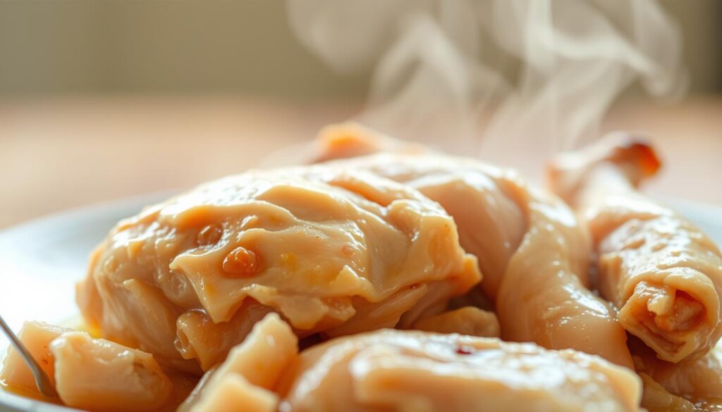 A close-up view of a plate of freshly boiled chicken, steam rising from the tender, juicy meat. The chicken is cooked to perfection, with a glistening golden-brown skin. The lighting is soft and natural, highlighting the dish's simple yet appetizing presentation. The background is blurred, keeping the focus on the main subject. The overall mood is one of wholesome, home-cooked goodness, suitable for a delicious and nutritious meal for a beloved canine companion.