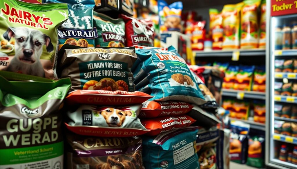 A cluttered supermarket shelf showcasing an array of dog food packages, each boasting exaggerated marketing claims. The foreground features close-up shots of bags with phrases like "All-Natural", "Grain-Free", "Superfood Blend", and "Veterinarian Recommended" in bold, eye-catching typography. The middle ground shows the products stacked haphazardly, creating a sense of visual chaos and information overload. In the background, a blurred assortment of additional pet food options, suggesting the overwhelming variety and confusion consumers face when navigating the dog food aisle. Harsh, direct lighting casts dramatic shadows, heightening the sense of scrutiny and skepticism towards the dubious marketing tactics on display.
