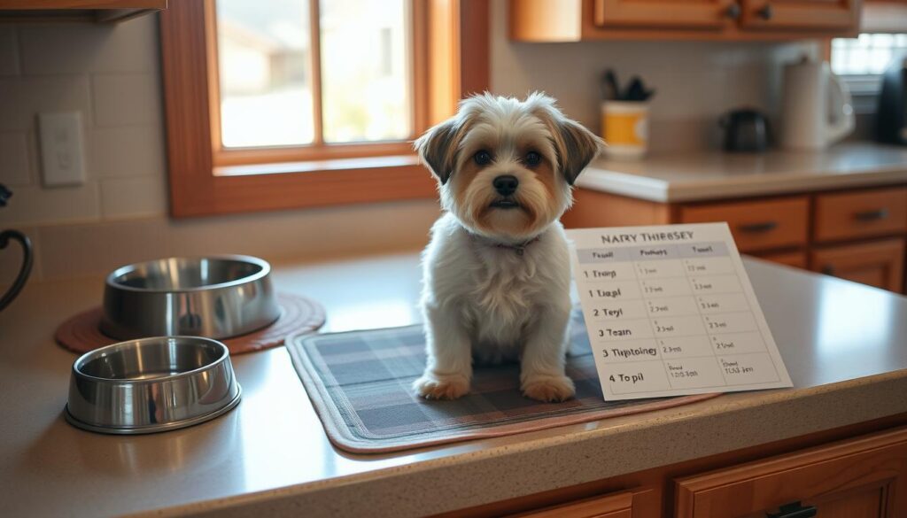 A cozy kitchen counter with a small, fluffy dog sitting patiently on a placemat. On the counter, a dog food bowl, water dish, and a neatly organized schedule outlining the dog's meal times and portions. Warm, natural lighting filters through a nearby window, casting a soft glow on the scene. The dog's attentive expression and the carefully prepared setup convey a sense of a well-cared-for, beloved pet in a peaceful, domestic environment.