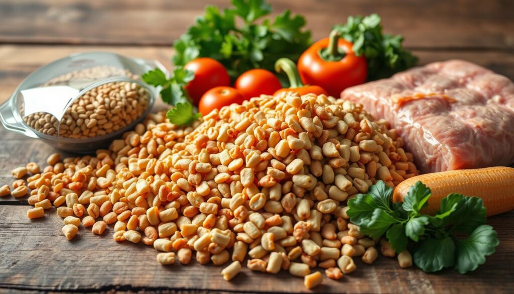 A delightful assortment of whole grain kibble, fresh vegetables, and lean protein sources arranged on a rustic wooden table, illuminated by soft, natural lighting. The scene exudes a sense of nourishment and wholesome sustenance, capturing the essence of carbohydrates as a crucial energy source and digestive aid for our canine companions. The vibrant colors and textures create a visually appealing and informative representation of the role of carbs in a balanced dog diet.