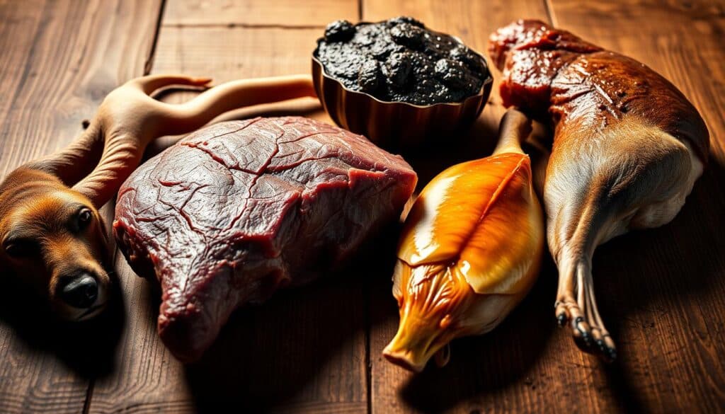 A high-contrast, close-up photograph of novel dog food protein sources, including kangaroo, bison, venison, and duck, arranged on a rustic wooden table. Soft, warm lighting illuminates the textures and colors of the different meats, casting shadows that create depth and dimension. The camera focuses sharply on the proteins, while the background is slightly blurred, emphasizing the subject matter. The overall mood is one of discovery and exploration, encouraging viewers to consider alternative protein options for dogs with food sensitivities.