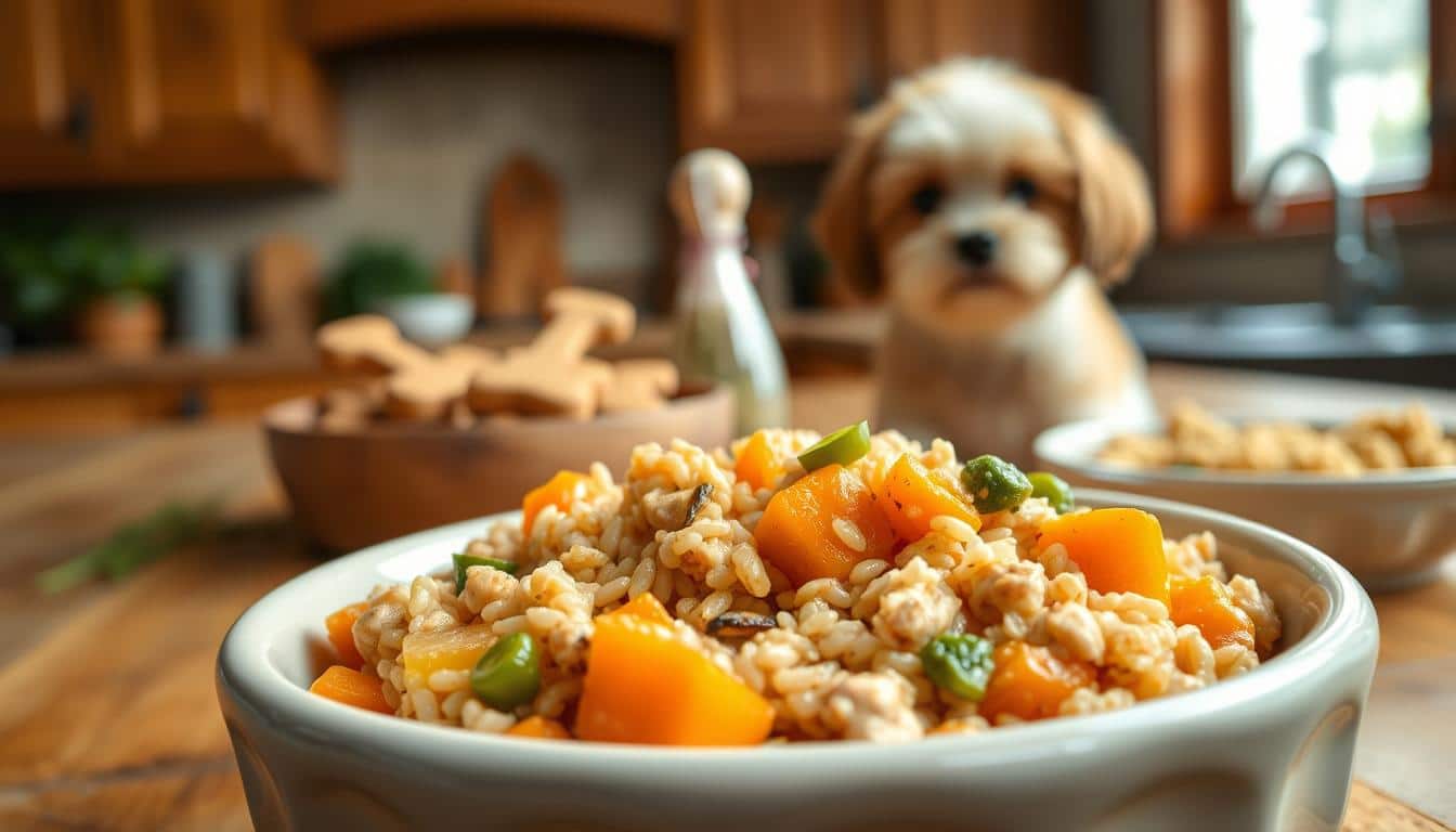A homemade dog food dish for Shih Tzus with allergies, featuring a variety of hypoallergenic ingredients. In the foreground, a ceramic bowl is filled with a moist, appetizing mixture of cooked chicken, brown rice, sweet potatoes, and steamed vegetables. The middle ground showcases a few Shih Tzu dog treats made with limited-ingredient recipes, while the background depicts a cozy, rustic kitchen setting with wooden cabinets and natural lighting filtering through a window. The overall mood is warm, comforting, and tailored to the dietary needs of this delicate breed, creating an inviting and nutritious meal for the Shih Tzu companion.