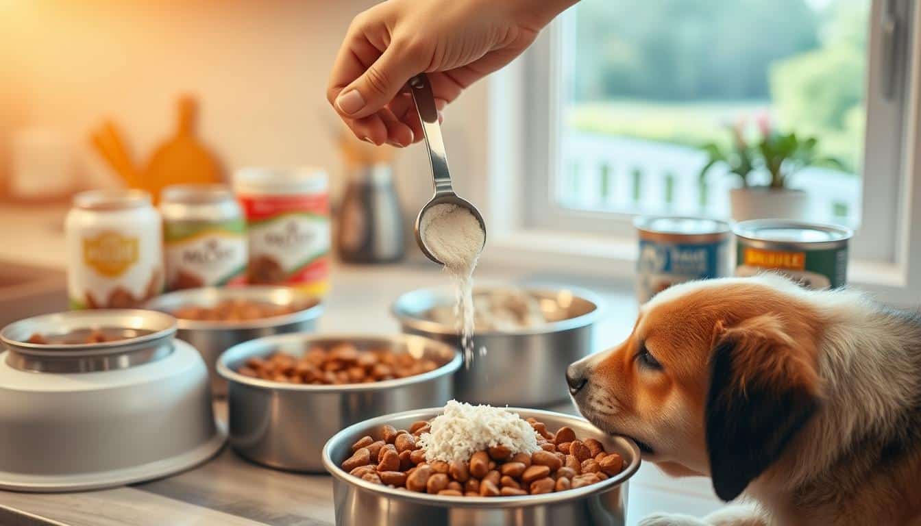 A kitchen counter with various dog food bowls, cans of supplements, and measuring spoons. In the foreground, a hand is carefully pouring a measured amount of powder supplement into a dog's meal. Warm, natural lighting illuminates the scene, creating a welcoming atmosphere. The background features a window overlooking a peaceful outdoor setting, hinting at the importance of a balanced, healthy diet for our canine companions. The overall composition conveys the simplicity and care involved in properly adding supplements to a dog's regular meals.