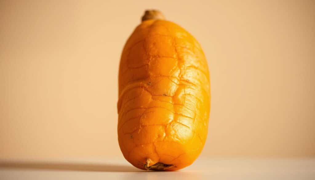 A luscious, freshly harvested sweet potato against a soft, blurred background. The vegetable takes center stage, its vibrant orange hue glistening under gentle, warm lighting. The smooth, unblemished skin beckons to be touched, while the tuber's distinct shape and ridges add visual interest. The image is captured from a slightly elevated angle, creating a sense of inviting simplicity and highlighting the sweet potato's natural beauty. This wholesome, appetizing depiction would perfectly suit an article discussing the best vegetables for dogs with allergies.