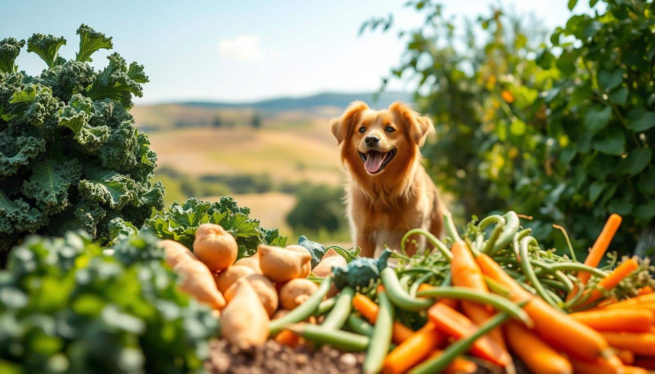 A lush vegetable garden bursting with the best allergy-friendly options for dogs. In the foreground, an array of vibrant greens and crunchy vegetables - kale, sweet potatoes, green beans, and carrots - arranged artfully. The middle ground features a happy, tail-wagging canine companion, its coat shimmering under natural lighting. In the background, a soft, blurred landscape with rolling hills and a clear blue sky, creating a serene, calming atmosphere. The overall scene conveys the idea of a healthy, allergy-free lifestyle for our four-legged friends.
