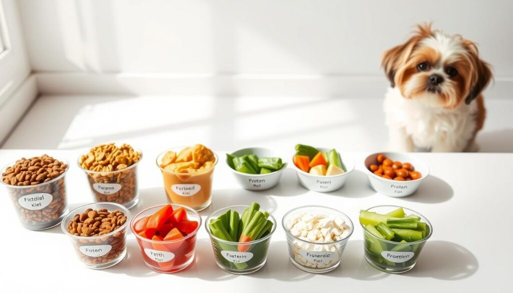 A meticulously prepared spread of portion-controlled servings for a discerning Shih Tzu, arranged on a pristine white surface. In the foreground, precisely measured cups of high-quality kibble, wet food, and fresh vegetables, each portion neatly labeled. In the middle ground, a series of small, shallow bowls containing measured amounts of protein, carbohydrates, and healthy fats. The background features a softly lit, minimalist setting, with clean lines and a calming, neutral palette to emphasize the focus on the meal preparation. The lighting is natural and diffused, creating a sense of balance and order. This image conveys the care and attention to detail required for preparing a nutritious, allergy-friendly meal for a beloved Shih Tzu.