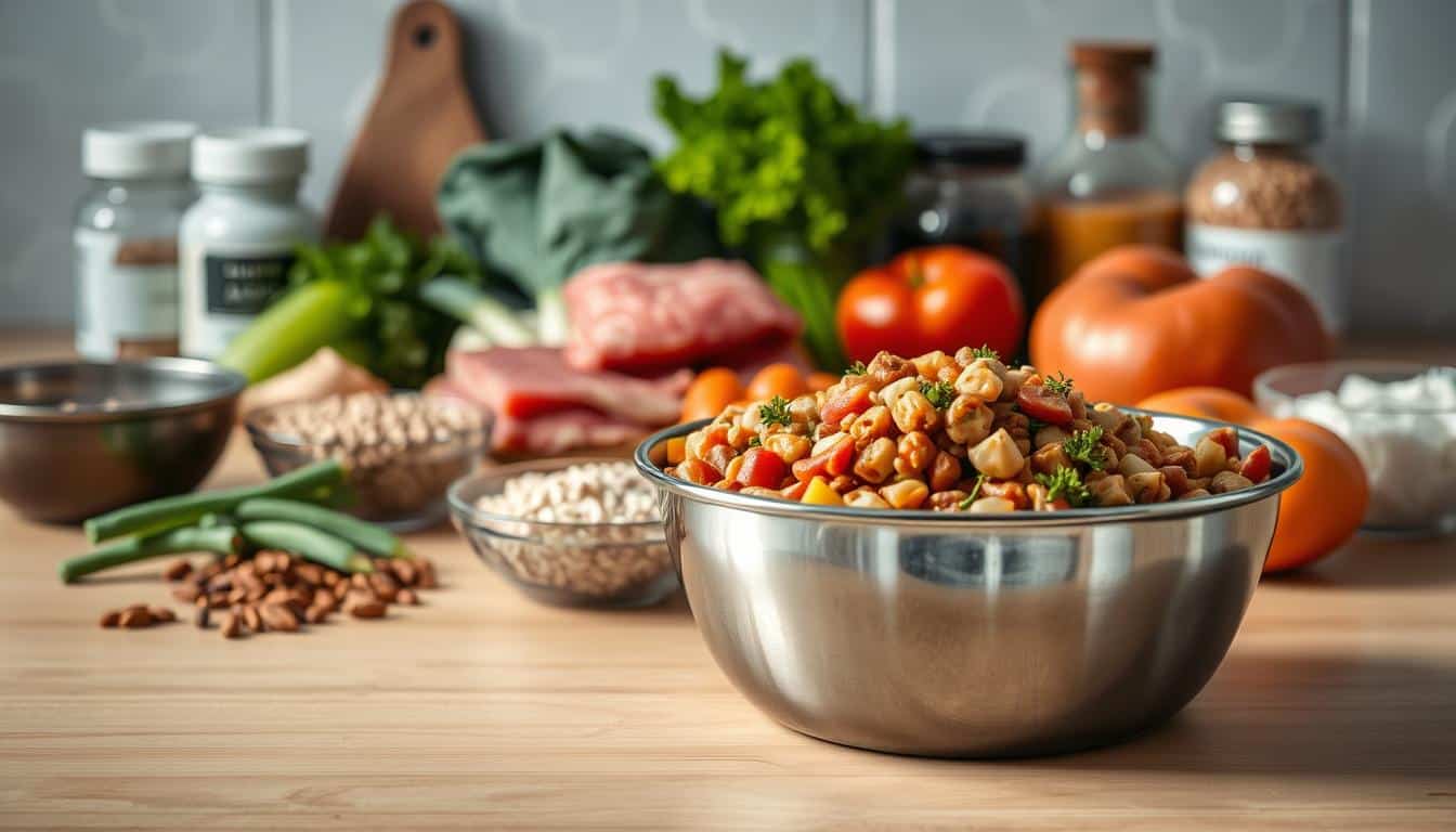 A minimalist kitchen counter with various homemade dog food ingredients - fresh meat, vegetables, grains, and supplements. In the foreground, a large stainless steel bowl filled with a vibrant, nutritious-looking homemade dog food mixture. Soft, even lighting illuminates the scene, highlighting the natural textures and colors. The background is slightly blurred, creating a sense of focus on the homemade dog food preparation. The overall composition conveys a healthy, wholesome, and DIY-inspired atmosphere, reflecting the theme of transitioning from store-bought to homemade dog food.