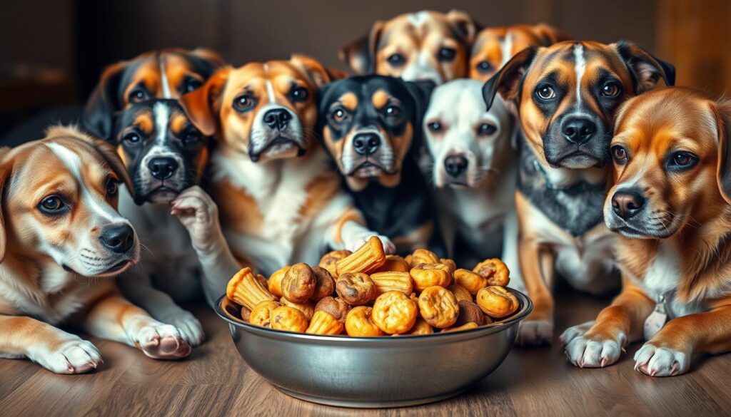 A pack of concerned-looking dogs with various breeds, all gathered around a bowl of fatty, high-calorie food. The dogs have worried expressions, some with paws raised, as if cautioning against the dangers of the tempting treats. The scene is lit by a soft, natural light, captured from an angle that emphasizes the dogs' reactions and the potentially harmful food items. The background is blurred, keeping the focus on the dogs and the troubling situation, conveying the serious nature of pancreatitis and the importance of avoiding such triggers in a dog's diet.