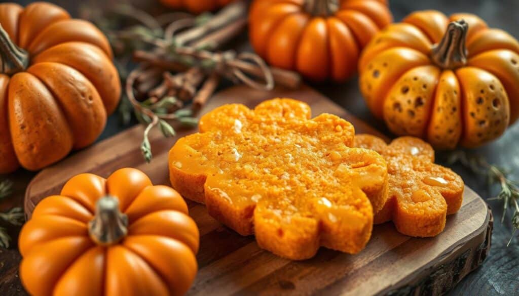 A pumpkin-shaped dog treat on a rustic wooden board, surrounded by freshly harvested pumpkins, herbs, and spices. The treats are glistening with a light glaze, the pumpkin flesh a vibrant orange hue. Warm, soft lighting casts a cozy glow, highlighting the natural textures and colors. The scene evokes a sense of homemade, wholesome goodness, perfect for a section on hypoallergenic vegetable-based dog treats. A medium close-up shot, slightly elevated angle, with a shallow depth of field to focus attention on the delectable treats.