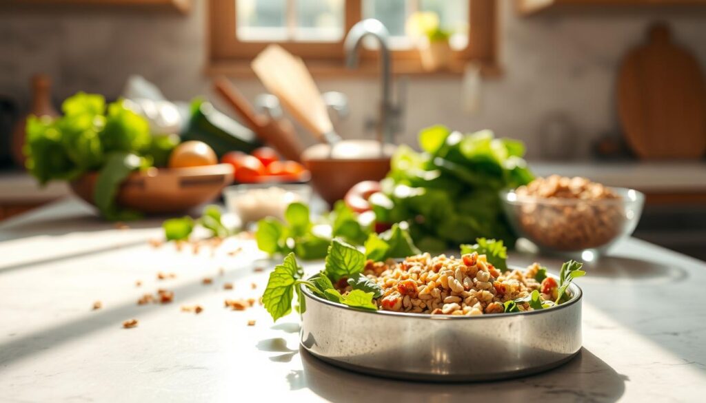 A serene kitchen countertop, sunlight streaming through a window, showcasing various healthy ingredients - fresh greens, grains, and plant-based proteins. In the foreground, a dog bowl filled with a balanced, chicken-free meal. The composition is warm and inviting, conveying the ease and simplicity of transitioning to a no-chicken diet. The scene is captured with a shallow depth of field, creating a soft, focused atmosphere. The lighting is natural and diffused, highlighting the vibrant colors and textures of the food. An overall sense of harmony and mindfulness pervades the image, inspiring the viewer to explore new, allergy-friendly recipes for their beloved canine companion.