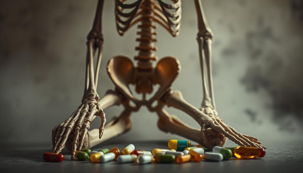 A skeletal figure with osteoporotic bones, joints swollen and inflamed, surrounded by a hazy, muted palette. Diffused lighting casts long shadows, emphasizing the fragility and deterioration. In the foreground, a scattered array of essential vitamins and minerals - calcium, vitamin D, magnesium - representing the lack of proper nutrients. The overall scene conveys a sense of weakness, discomfort, and the detrimental effects of nutritional deficiency on bone, joint, and muscle health.