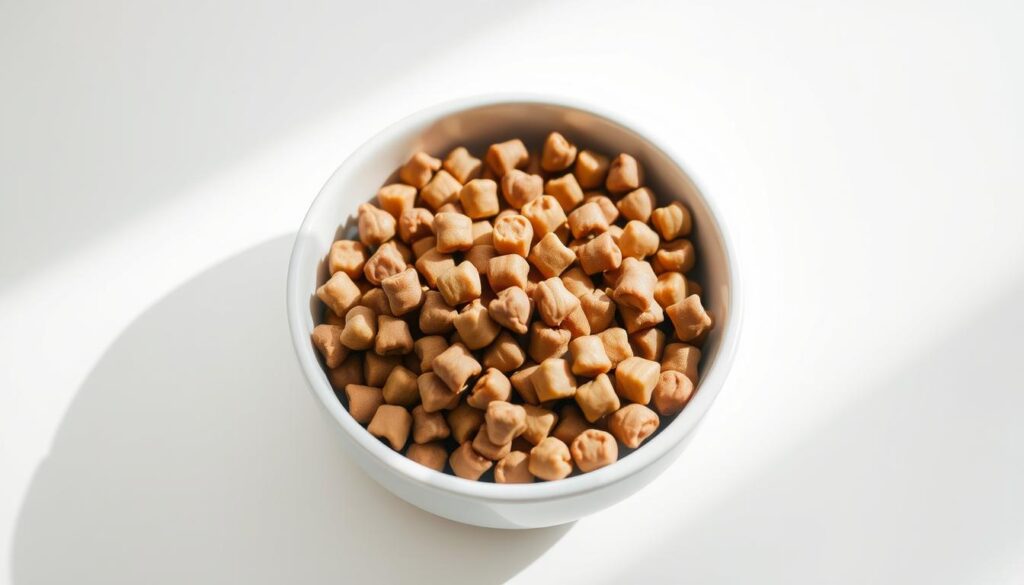 A small bowl of premium quality dry dog food for small breeds, illuminated by soft natural lighting. The kibble pieces are precisely shaped and evenly distributed, with a warm, earthy color palette. The bowl is placed on a clean, minimalist surface, allowing the focus to remain on the high-quality dog food. The scene conveys a sense of care and attention to detail, reflecting the importance of providing a balanced, nutritious diet for small canine companions.