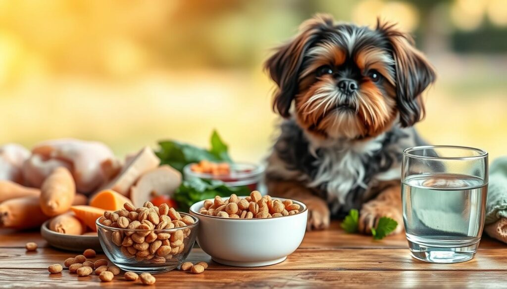 A small, hypoallergenic Shih Tzu dog sits on a wooden table, surrounded by a variety of healthy, allergy-friendly pet foods. In the foreground, a bowl of fresh, high-quality kibble and a dish of water take center stage, illuminated by warm, natural lighting. In the middle ground, various ingredients like chicken, sweet potatoes, and leafy greens are displayed, highlighting the nutritional needs of small breed dogs with allergies. The background features a soft, blurred natural setting, creating a calming, inviting atmosphere. The overall composition emphasizes the importance of a balanced, allergy-conscious diet for the well-being of a small breed canine companion.
