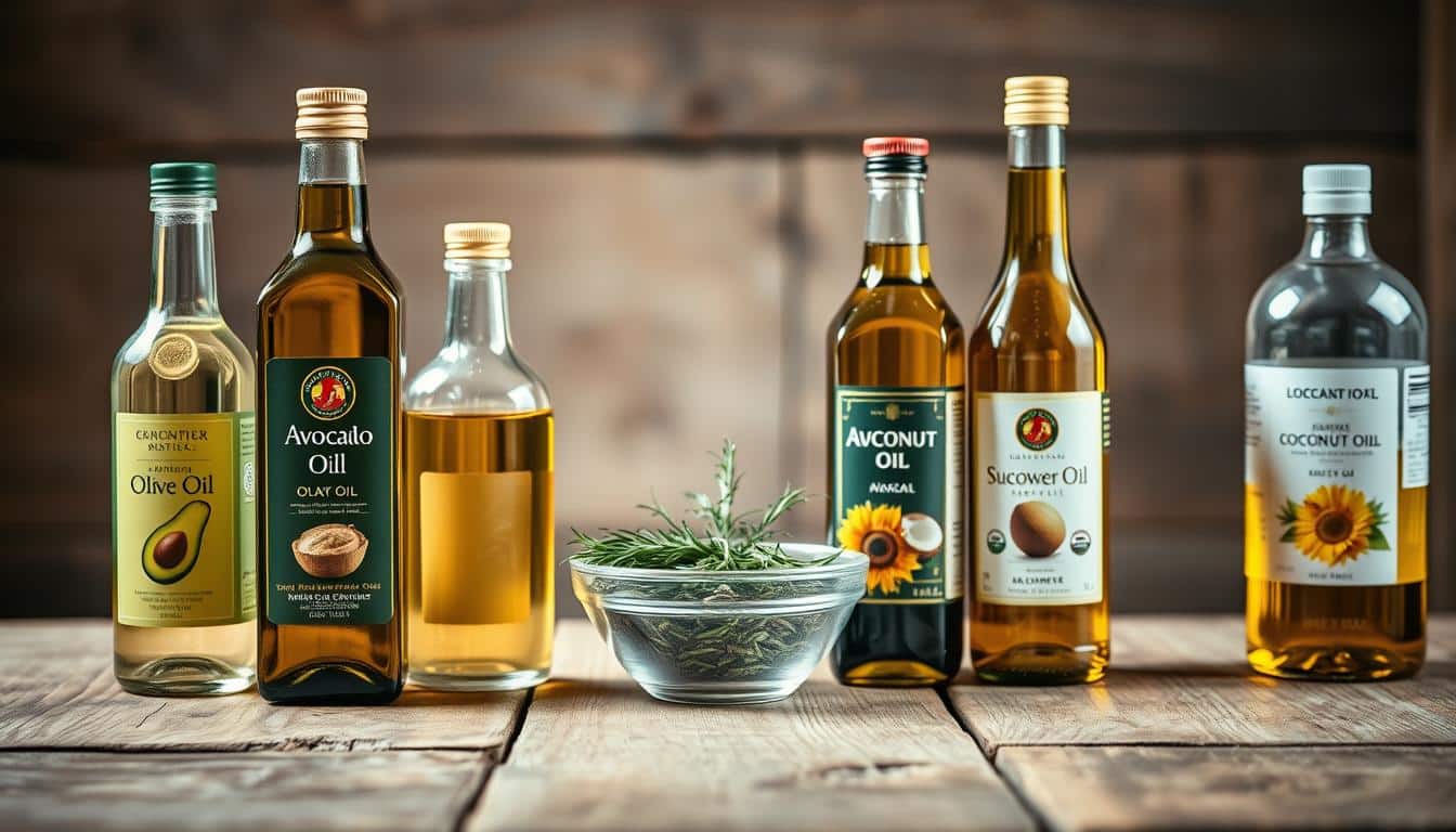 A still life composition of various cooking oils arranged on a rustic wooden table, with a soft, warm lighting illuminating the scene. In the foreground, there are bottles of olive oil, avocado oil, coconut oil, and sunflower oil, each with their unique labels and glass containers. The middle ground features a small bowl of herbs, perhaps rosemary or thyme, complementing the oils. The background is blurred, creating a sense of depth and focus on the key elements. The overall mood is one of simplicity, natural tones, and a focus on the high-quality, homemade ingredients for preparing nutritious meals for a beloved canine companion.